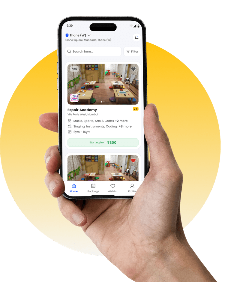 Kids Kommune app on a phone, showing kids' activity centres near you with their classes, ages and fees